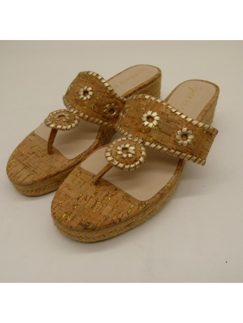 Jack Rogers Jacks Mid Wedge Cork Sandals Gold Leather  9.5 New